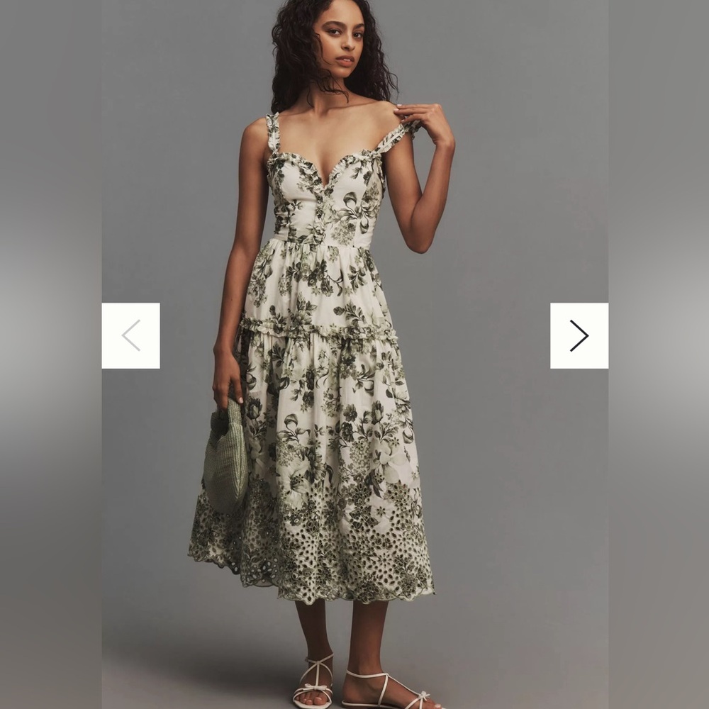 By Anthropologie sleeveless sweetheart A-line midi dress in green motif